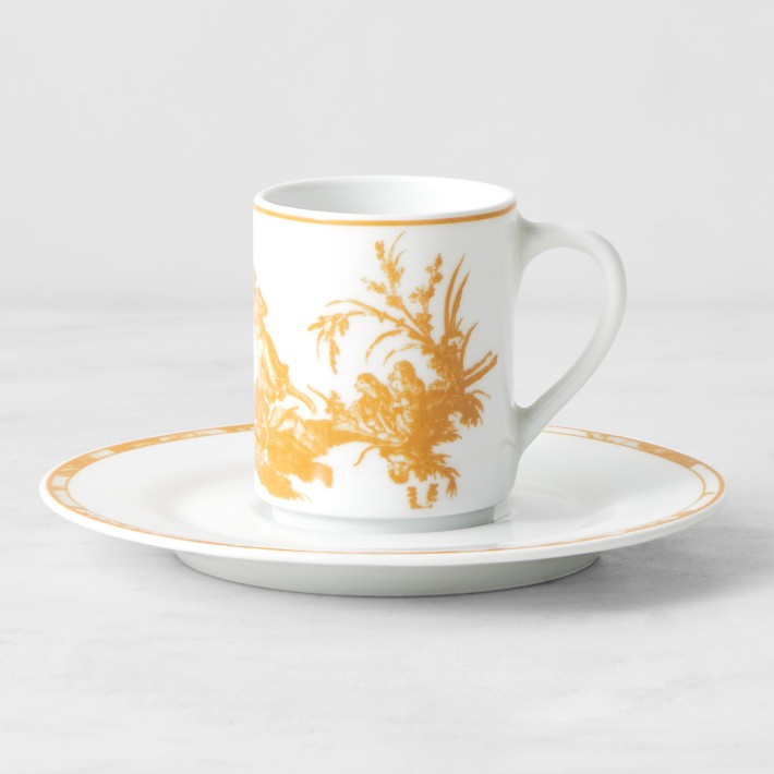 Pillivuyt French Toile Porcelain Espresso Cups & Saucers